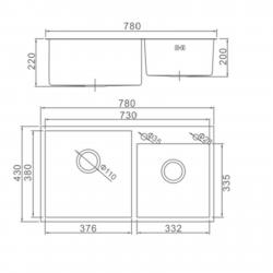 Мойка кухонная AFLORN AF97843-D, врезная, двойная, S=3,0 и 0,8 мм, 78х43х22 см, сифон, сатин 